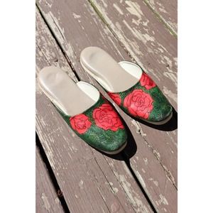 Vintage 80s Leather House Shoes Slippers Floral Rose 8.5 9